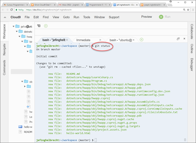 Cloud9 git status - staged files